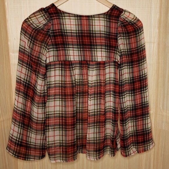 Camaieu Womens Red Plaid Sheer Blouse - Picture 2 of 5
